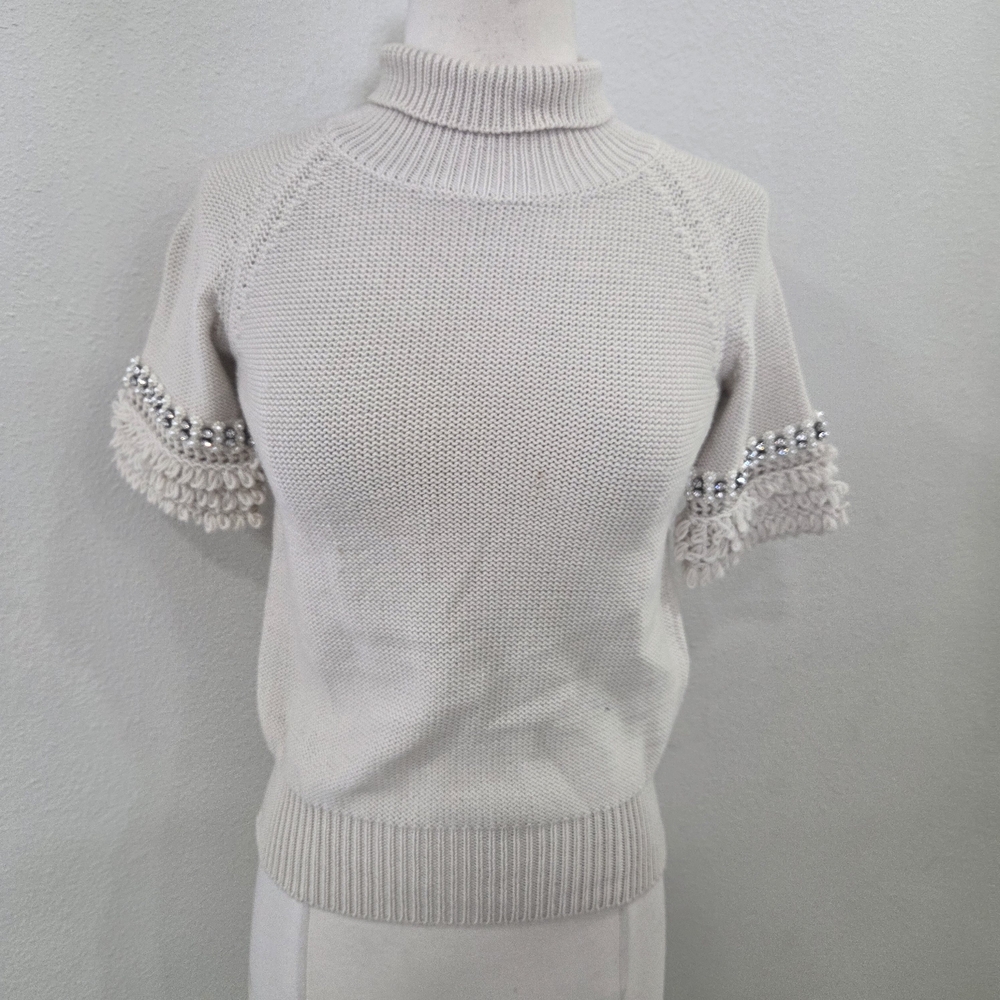 RED Valentino Cream Knit Top with Beaded Sleeves